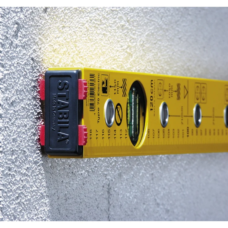STABILA Elektriker-Wasserwaage Type 70 Electric, 120 cm, leichtes Alu-Profil, 1 Horizontal-Libelle, 1 Vertikal-Libelle, Markierlöcher, Markierungshilfen, metrische Skala, Made in Germany – Bild 7