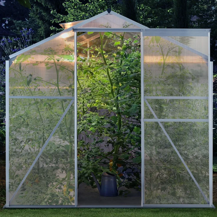 Juskys Aluminium Gewächshaus mit Fundament für Garten 4,75 qm 190 × 253 cm 1 Dachfenster und Schiebetür 4 mm Platten Juskys grau/silber Stahl – Bild 8