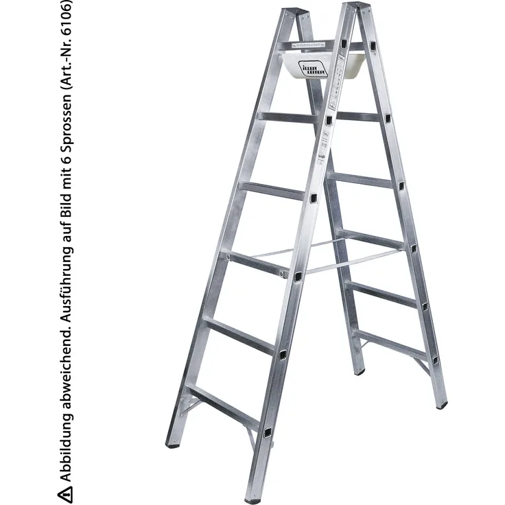 Iller Sprossenstehleiter mit 2x14 Sprossen 5,25m AH und Werkzeugablage