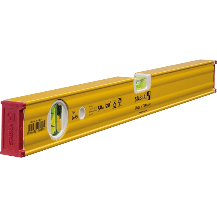 STABILA Wasserwaage Type 80 AS, 50 cm, verstärktes Alu-Profil, 1 Horizontal-Libelle, 1 Vertikal-Libelle, integrierte Rutsch-Stopper, Made in Germany – Bild 1