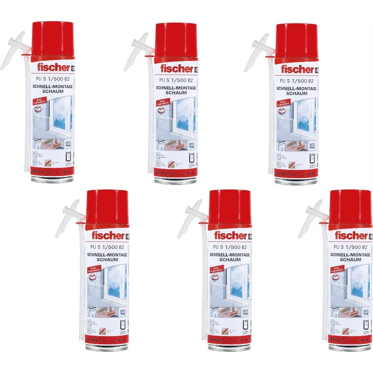 6x Fischer 1K Schnellmontageschaum-Bauschaum-Füllschaum PU S1/500ml B2