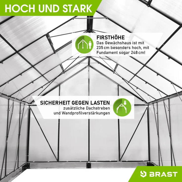 BRAST Gewächshaus Aluminium 310x250x235cm Grau mit Fundament rostfrei TÜV geprüft Alu Treibhaus Glashaus Tomatenhaus – Bild 9