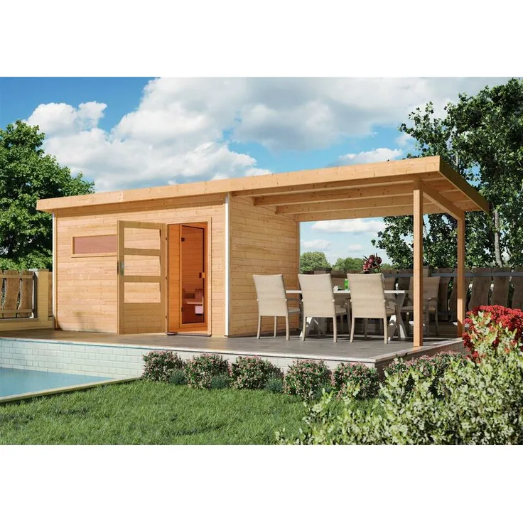 Karibu Anbaudach für 38mm Flachdach Saunahäuser Skrollan 2 u. 3, 3,30m Breit naturbelassen