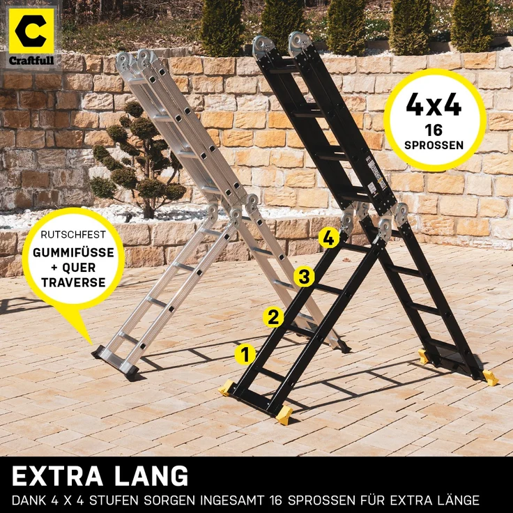 Craftfull Mehrzweckleiter CF-104A 6in1 Alu Multifunktionsleiter Gelenkleiter (4.7 Meter Black Edition 4x4 Sprossen) – Bild 2