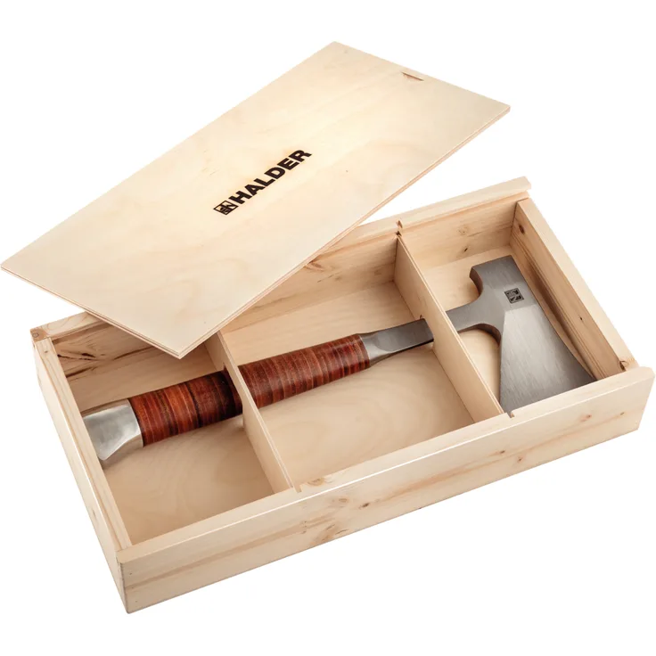HALDER Handbeil, mit Ledergriff, inkl. hochwertiger Ledergürteltasche als Schneidschutz; in attraktiver Geschenk-Holzbox | 3555s001