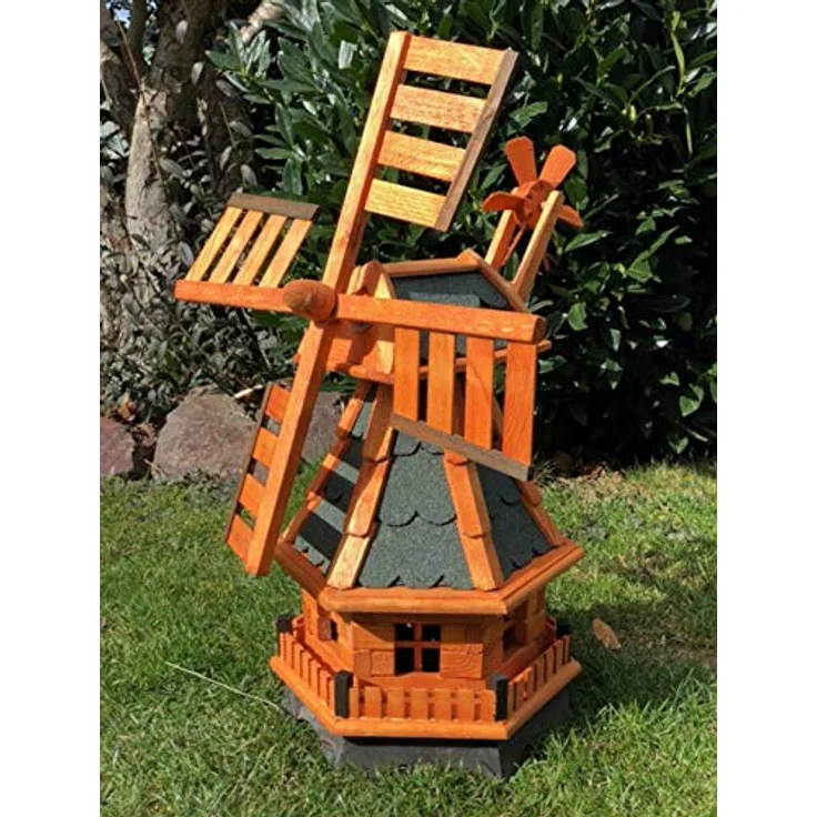 Darlux Sechseck Garten-Windmühle aus Holz kugelgelagert Braun-Grün Höhe 70 cm