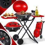 KESSER elektrischer Elektrogrill 2in1 Tischgrill - Standgrill mit Deckel und Standfuß max. 2400 Watt Faltbar Thermometer Antihaftbeschichtung Grillplatte Abstelltische 2 Räder  Rot