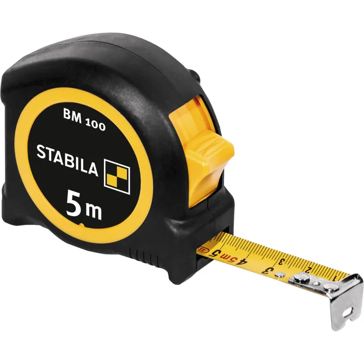 STABILA Taschenbandmaß BM 100, 5 m, Maßband mit metrischer Skala, bruchsicheres ABS-Gehäuse, beweglicher Anfangshaken, Gürtel-Clip, MID-Genauigkeit