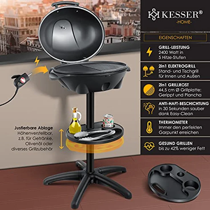 KESSER elektrischer Elektrogrill 2in1 Tischgrill - Standgrill mit Deckel Standfuß max. 2400 Watt Thermometer Antihaftbeschichtung XXL Grillplatte integrierte Ablagefläche Elektro-Säulengrill Schwarz – Bild 3