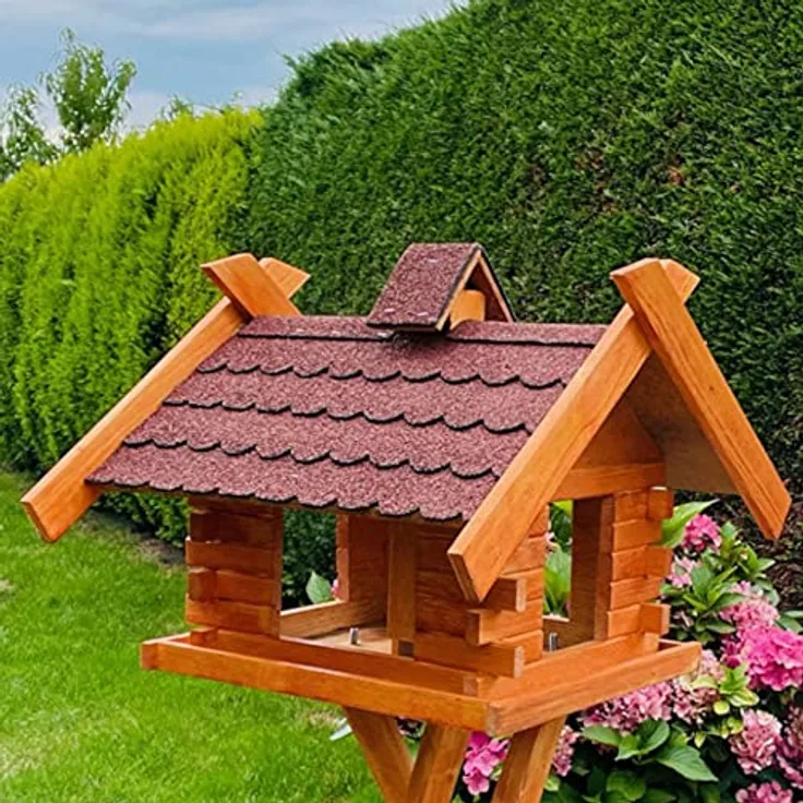 Darlux Rechteckiges Vogel Futter Haus XL Futterstelle Holz Vogelhaus Braun-Rot