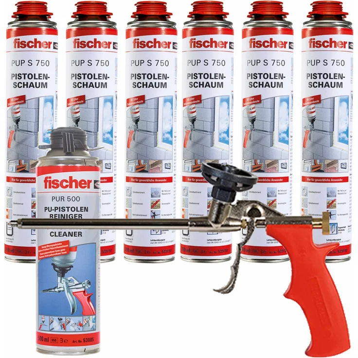 6x Fischer 1K Pistolenschaum PUP S 750ml B2 + Pistole PUP M3 + PUR500 Reiniger