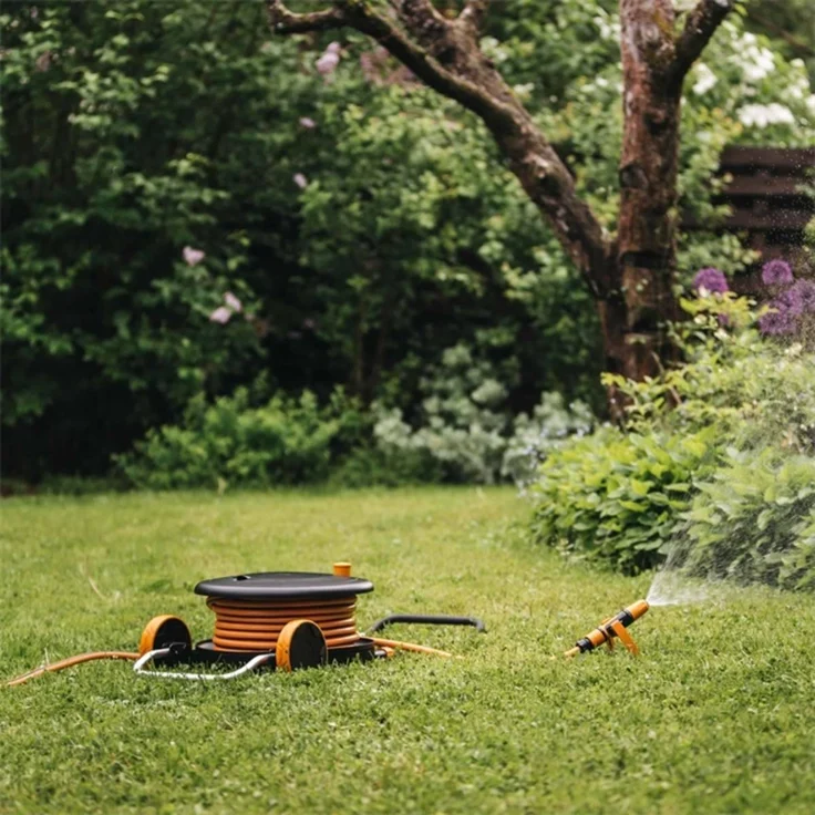 Fiskars Waterwheel M mit 20 m Schlauch (1023643) Zubehörfach mit Zubehör freite Platzierung 360° Drehung Schlauchwagen – Bild 8