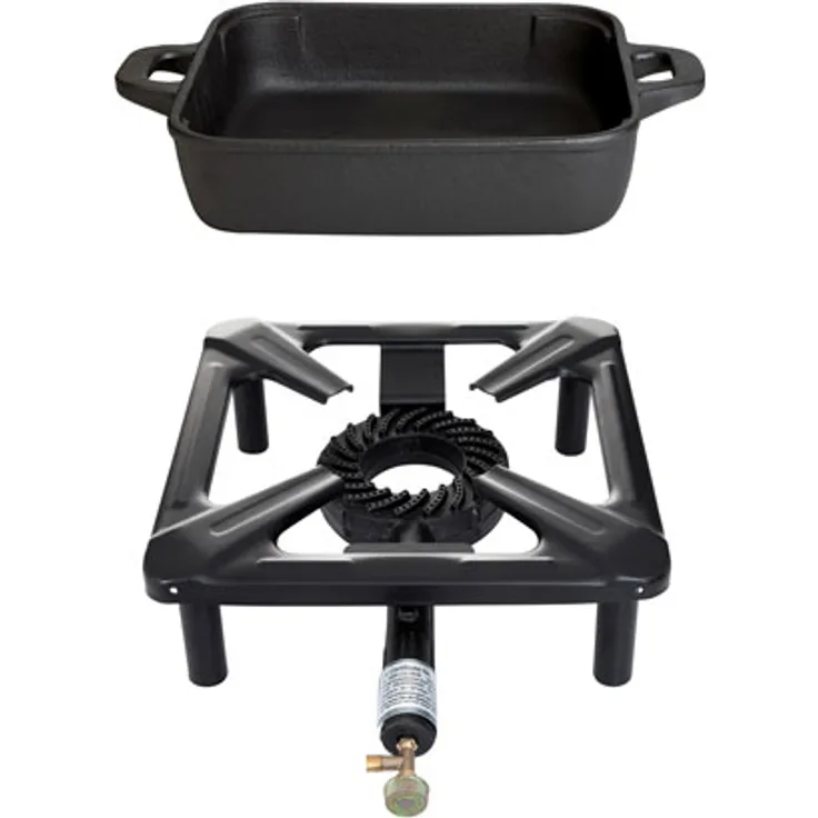 Hockerkocher-Set (klein) mit Gusseisenpfanne 26 x 26 cm - ohne Zündsicherung
