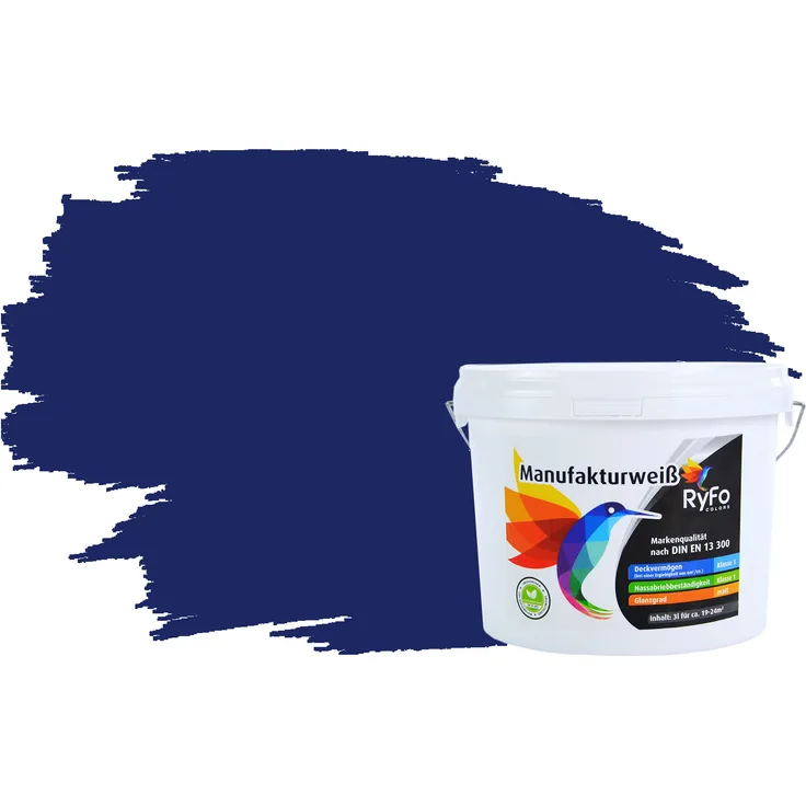 RyFo Colors Bunte Wandfarbe Manufakturweiß Tiefseeblau 3l - weitere Blau Farbtöne und Größen erhältlich, Deckkraft Klasse 1, Nassabrieb Klasse 1