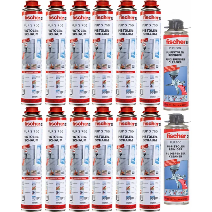 12x Fischer 1K Pistolenschaum PUP S 750ml B2 + 2x PUR500 500ml Reiniger