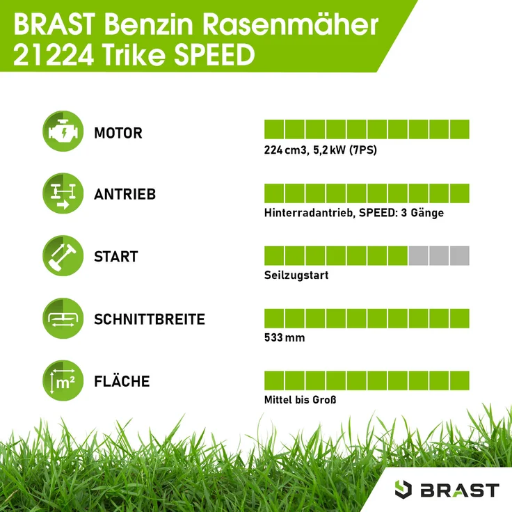 BRAST Rasenmäher Benzin Trike 21224 5,2kW(7PS) mit variablen Antrieb 53cm Schnittbreite 224ccm 4-Takt Motor TÜV geprüft Stahlgehäuse 60L Fangkorb 4-Takt Motor – Bild 5