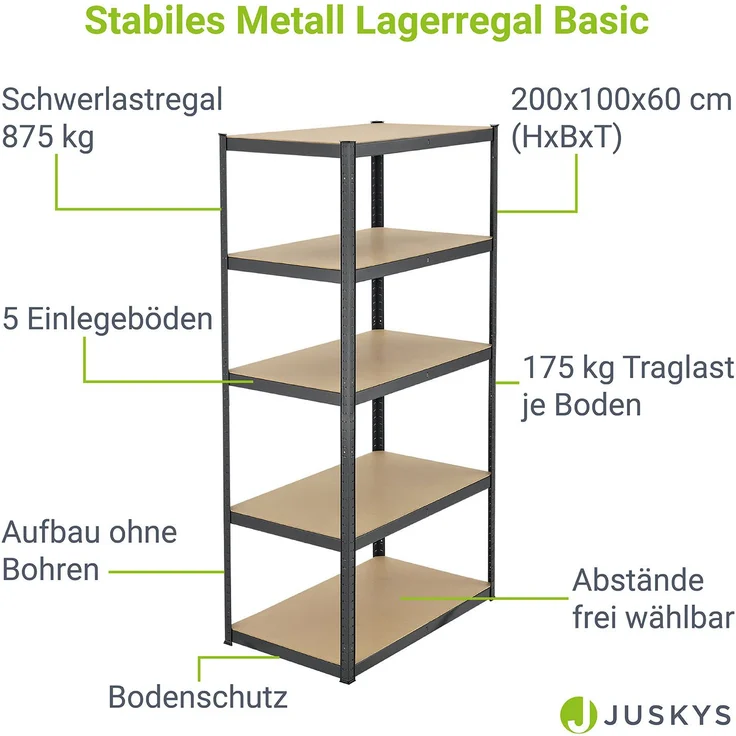 Juskys Lagerregal Basic 200x100x60 cm Schwerlastregal mit 5 Böden – max. 875 kg - Metall grau - Regale Kellerregal Metallregal – Bild 3