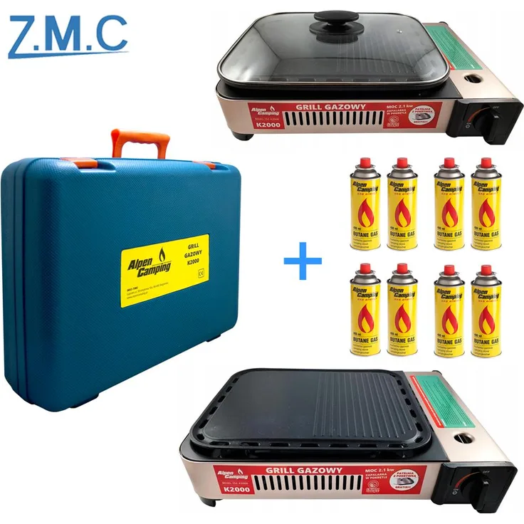 2in1 Gas Kocher Campingkocher + Grillplatte + 8x Gaskartuschen 227g Gasgrill Outdoor Camping Kocher Herd Tragbarer Butan Gasbrenner Tischgrill Grillpfanne Koffer