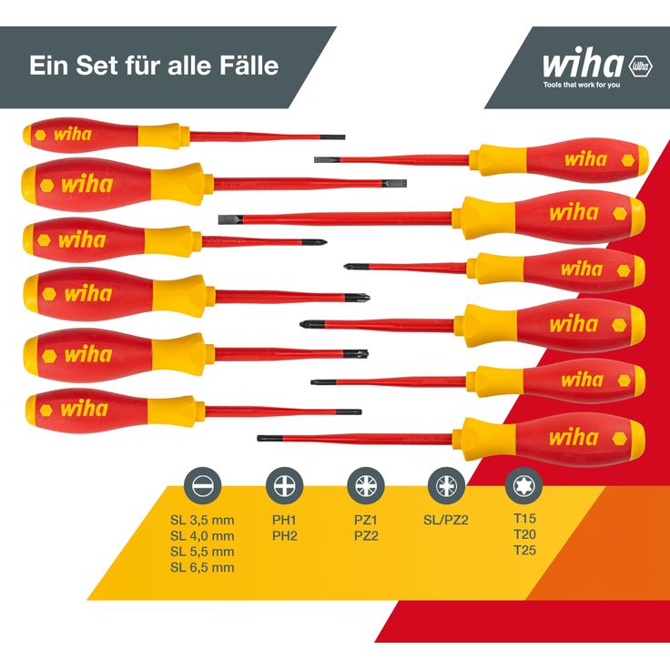 Wiha Schraubendreher Set 12-teilig Elektriker VDE geprüft, isoliert 1.000 V (41003) I Profi Schraubenzieher Set mit dünner Spitze Schlitz/Kreuz/Kreuzschlitz/Torx/Plusminus I Elektriker Werkzeug – Bild 3