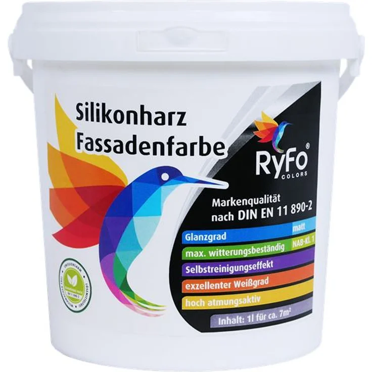 RyFo Colors Silikon Fassadenfarbe 1l - hochwertige Silikonharzfassadenfarbe, weiß, Außen-Farbe-Dispersion, wasserabweisend, Abperleffekt, Wetterschutz, hohe Deckkraft, lösemittelfrei – Bild 1