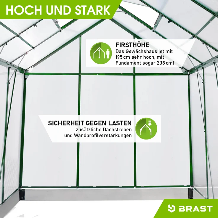 BRAST Gewächshaus Aluminium 190x190x195cm Grün mit Fundament rostfrei TÜV geprüft Alu Treibhaus Glashaus Tomatenhaus – Bild 8