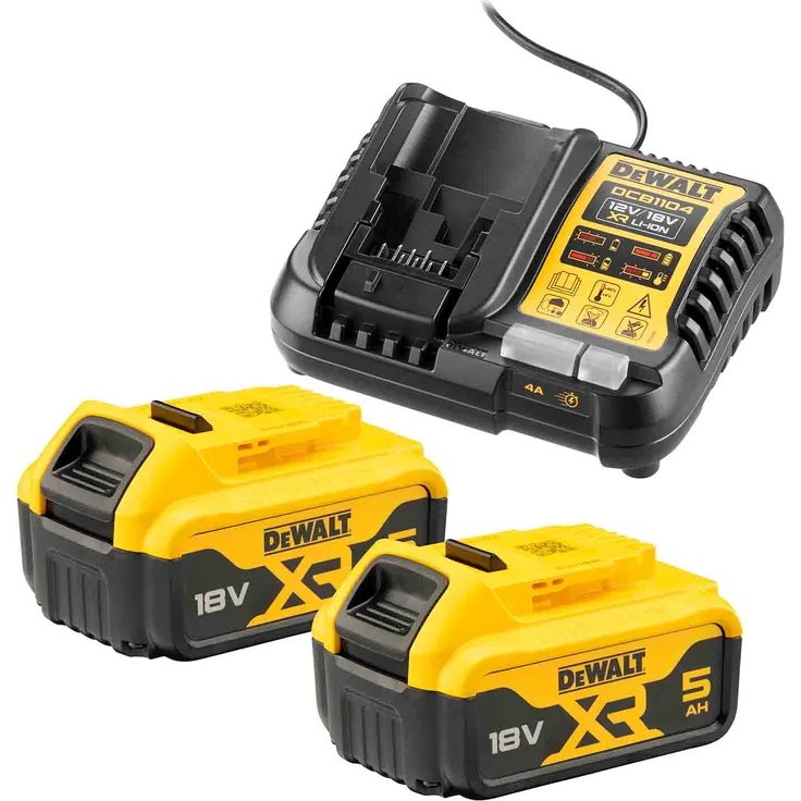 DeWALT Akku-Set DCB1104P2-QW, 18V, 5Ah, 2x XR-Akku DCB184 inkl. Schnellladegerät für XR-Schiebe Akkus und Flexvolt