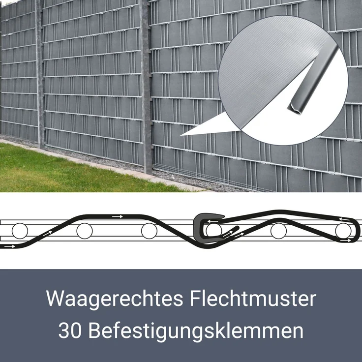 Juskys PVC Sichtschutzstreifen Doppelstabmatten Zaun 35m x 19 cm, 30 Befestigungsclips, hellgrau, Zaunfolie Sichtschutz Windschutz Garten Gartenzaun – Bild 4