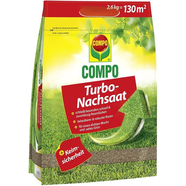 COMPO Turbo-Nachsaat, Rasensamen 2,6 kg für 130 m² April bis Oktober Reparatur und Auffrischung des Rasens 20 g/m² Bodentemperaturen ab 10° C – Bild 1