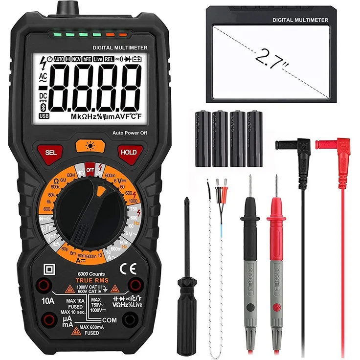 Digital Multimeter, Strommessgerät mit 6000 Counts, True RMS, Temperaturmessung, Durchgangsprüfung, Außenleiter-Identifizierung, Hintergrundbeleuchtung