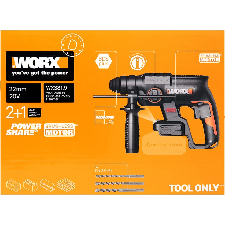 Worx Nitro Akku Bohrhammer WX381.9 20V solo Bohren Hammerbohren Meißel ohne Akku – Bild 2