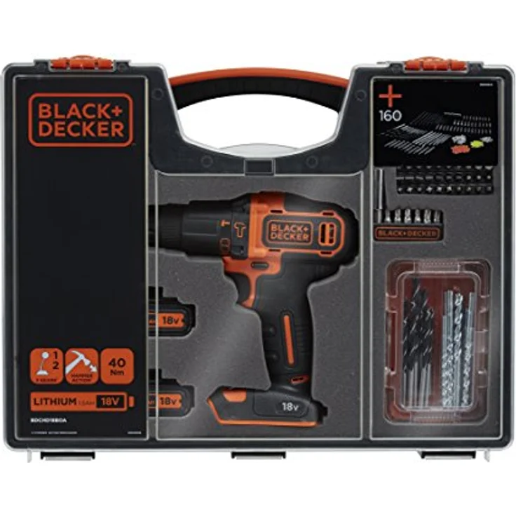 Black?? Akku-Schlagbohrschrauber (18V 1,5Ah, mit 2-Gang Getriebe,variable Drehmomentvorwahl,Softgriff,Doppelbit,inkl. 160tlg. Zubehör im hochwertigen Koffer) BDCHD18BOA-QW – Bild 2