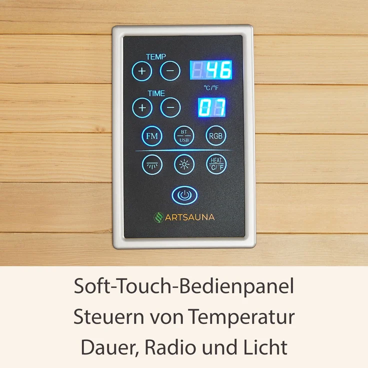Artsauna Infrarotkabine Kiruna120 Dual Technologie – 5 Vollspektrumstrahler & 3 Flächenstrahler – 2 Personen – LED Farblicht – Radio - Hemlock-Holz, 120 x 105 x 190 cm – Bild 7