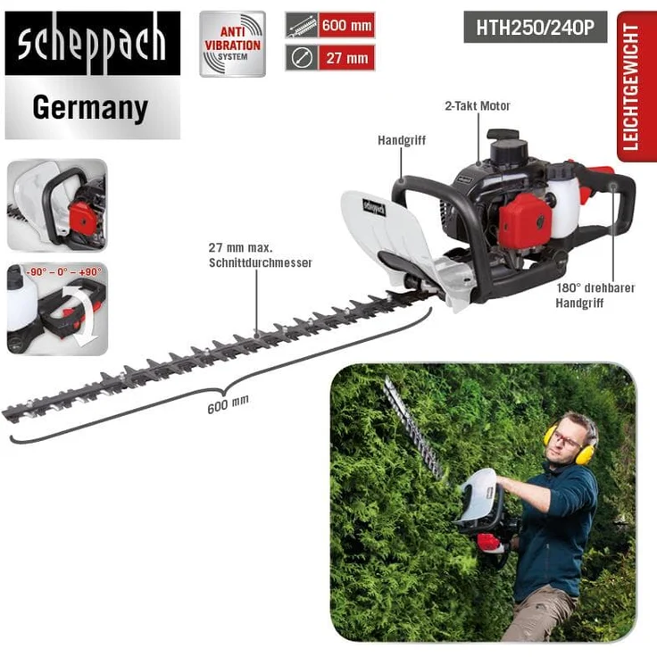Scheppach Benzin-Heckenschere HTH250/240P 1,0 PS, Schnittlänge: 600 mm, Schnitt- Ø: 27 mm, 180° drehbarer Handgriff mit Vibrationsschutz, Schnellstop-Bremsfunktion – Bild 8