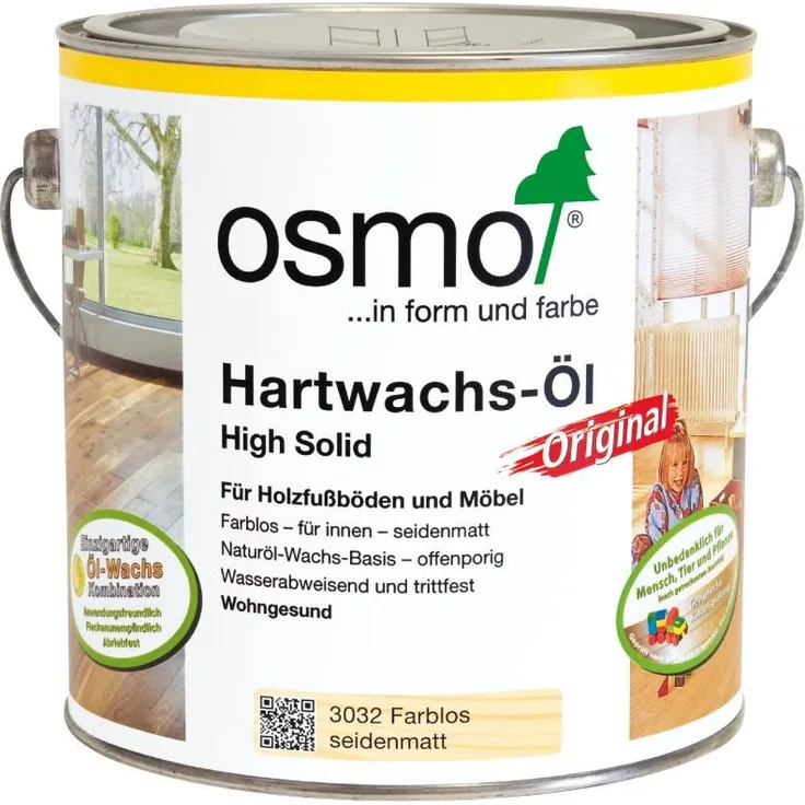 Osmo Hartwachs-Öl 2,50 ltr. farblos seidenmatt 3032 abriebfest, offenporig, gebrauchsfertig