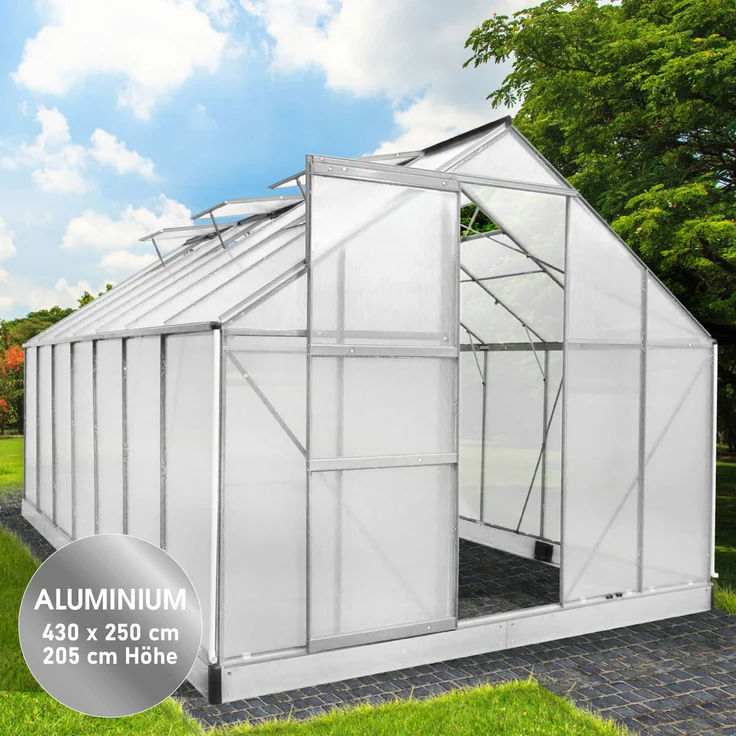 BRAST Gewächshaus Aluminium 430x250x205cm Grau mit Fundament rostfrei TÜV geprüft Alu Treibhaus Glashaus Tomatenhaus – Bild 2