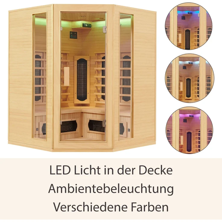 Artsauna Infrarotkabine Nyborg E150K – Infrarotsauna 4 Personen – LED-Farblicht, digitaler Steuerung, 7 Keramikstrahler, 1 Flächenstrahler – Hemlockholz, 150 x 150 x 190 cm – Bild 5