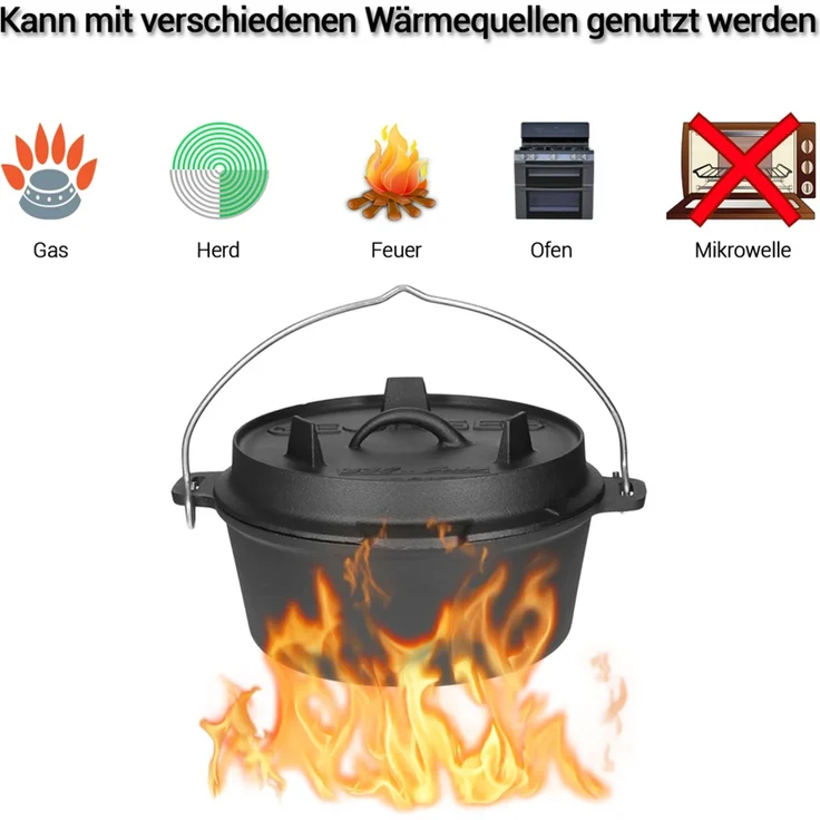 Premium Dutch Oven mit Füßen - preseasoned (bereits eingebrannt) inkl. Deckelheber GDO45P 4,5 Liter – Bild 5