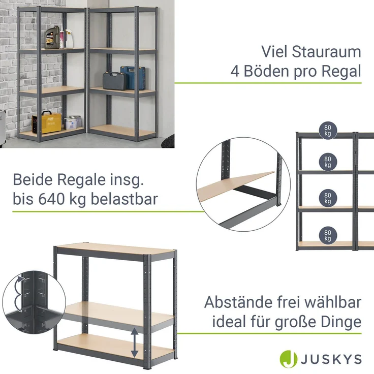 Juskys Lagerregal Easy 2er Set - Schwerlastregal 160x80x40 cm | 8 Böden | 640 kg | Metall verzinkt | Steckregal Kellerregal Metallregal Grau – Bild 4
