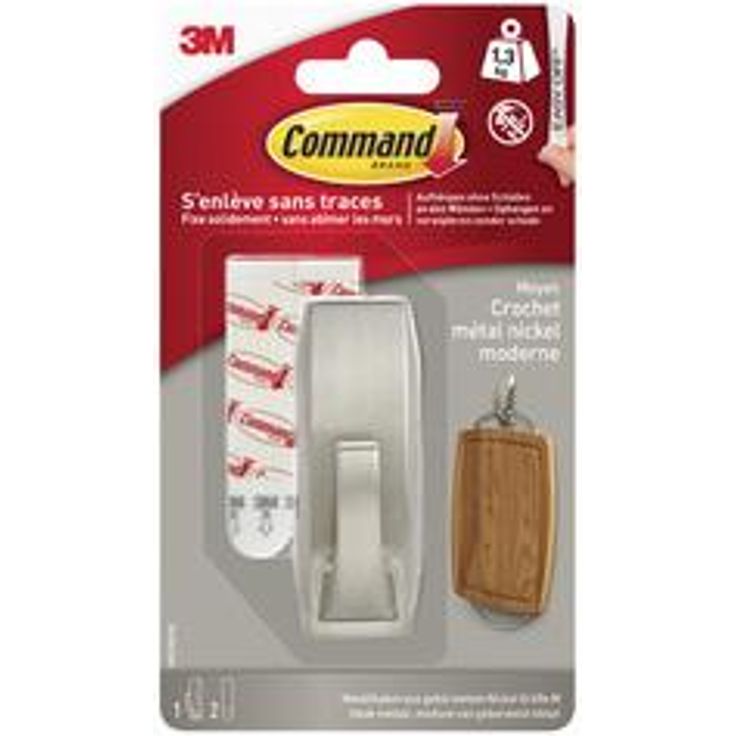 3M Command Metall-Haken, Modern, Größe M, silber, Tragkraft 1,3 kg, starker Halt, rückstandsfrei abziehbar, einfache Handhabung, Inhalt 1 Haken + 2 Klebestreifen Strips (MR02-BNFGN)