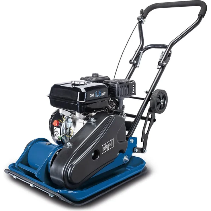 Scheppach Benzin Rüttelplatte HP1400S Verdichter Rüttler Vibrationsplatte, 2 PS Leistung, 13 kN Verdichtungsdruck, 25cm Verdichtungstiefe, Komplettset inkl. Gummimatte und Fahrvorrichtung – Bild 2