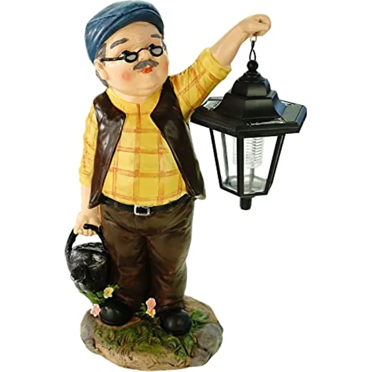 Kremers Schatzkiste Opa Hans mit Solarlaterne und Gießkann Figur Gartenfigur 38 cm Garten Älterer Herr