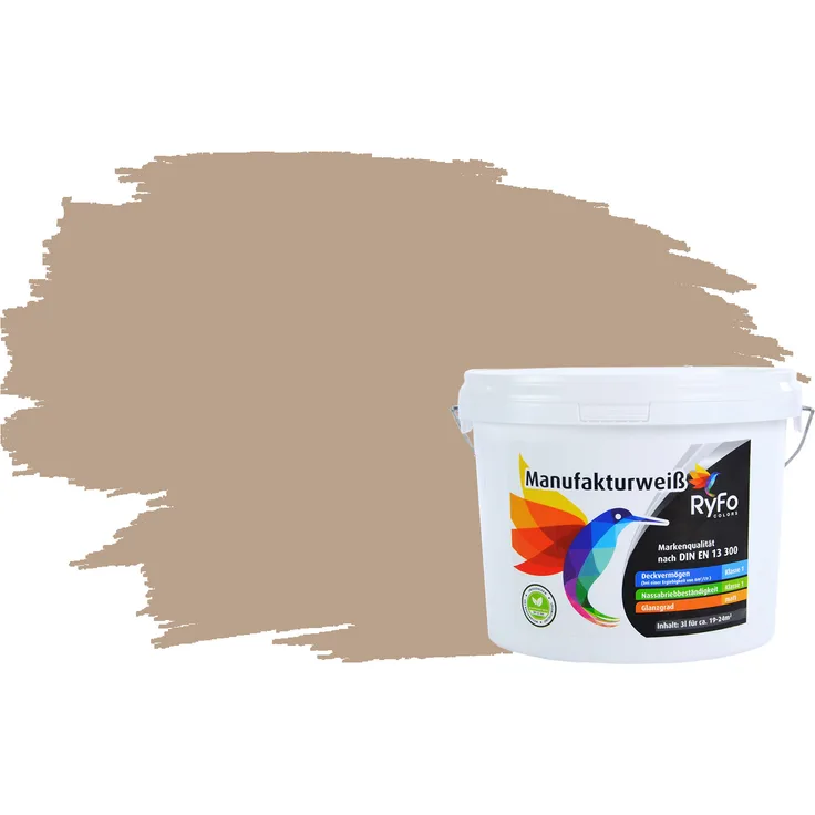 RyFo Colors Bunte Wandfarbe Manufakturweiß Beige 3l - weitere Braun Farbtöne und Größen erhältlich, Deckkraft Klasse 1, Nassabrieb Klasse 1