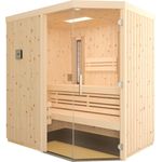 Infraworld Sauna Optima, 185 x 142 x 202 cm, Eckausführung, Tür rechts, Espe, Verdampferofen für Finnische- & Dampfsauna, Sole-Therme, VITALlight-IPX4-Infrarotstrahler