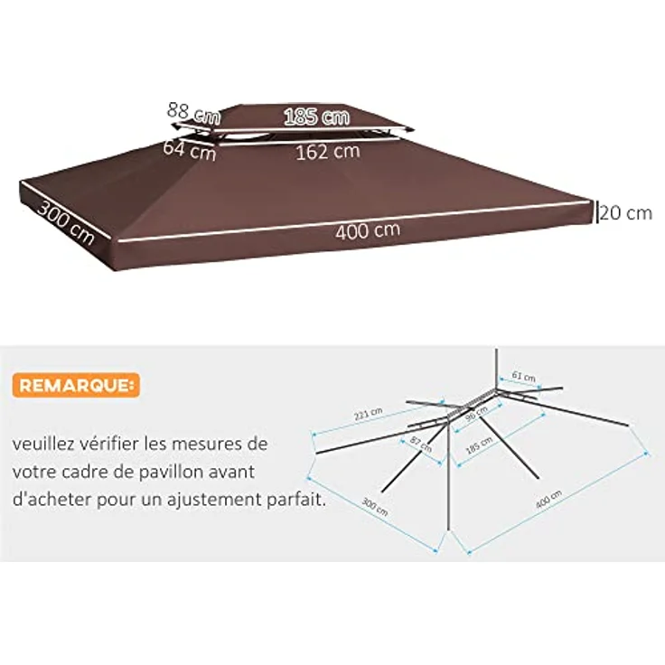Ersatzdach für Metall-Gartenpavillon 3x4m kaffeebraun - kaffeebraun - Outsunny – Bild 3