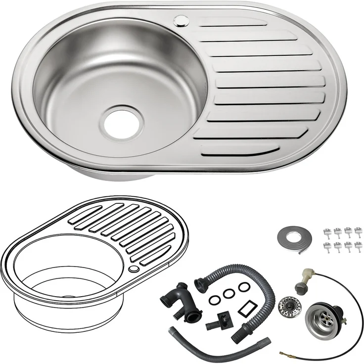 77x50CM Einbauspüle rund aus Edelstahl Ablage - links Küchenspüle Spülbecken – Bild 2