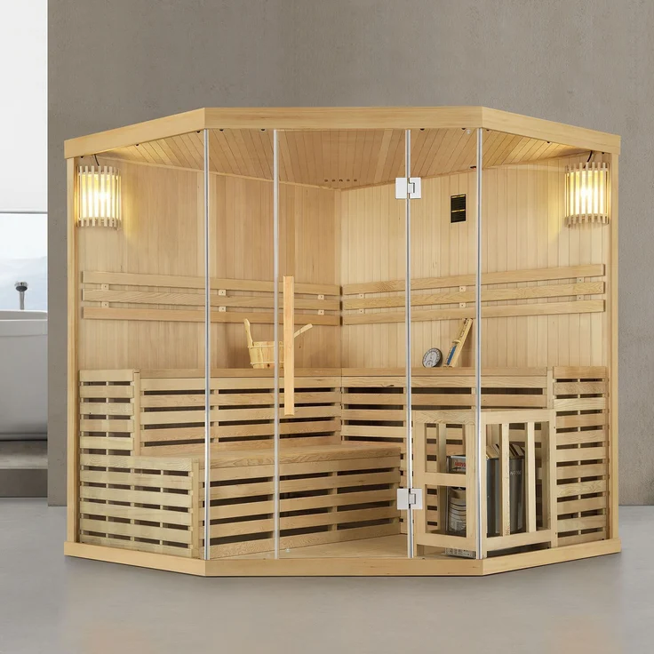 Artsauna Saunakabine Espoo200 Premium mit Harvia Ofen – 5 Personen – Hemlock Holz, Glasfront und LED Licht – Inkl. Thermometer & Sanduhr –Komplett Set – Bild 2