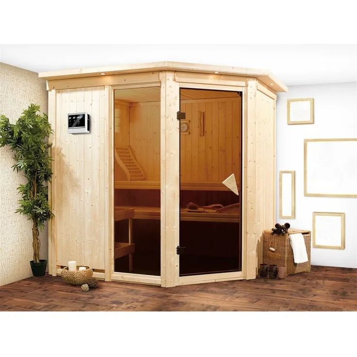 Karibu Sauna Fiona 2 mit Kranz Set mit Ofen 9 kW Edelstahl, externe Steuerung Easy