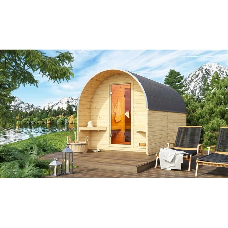 Karibu Fassshaus 3 Set naturbelassen mit Ofen 9 kW, externe Steuerung – Bild 2