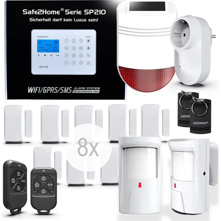 Safe2Home® Funk Alarmanlagen Großes Set SP210 mit Sabotageschutz – WIFI / GSM / SMS Alarmierung - Lichtsteuerung