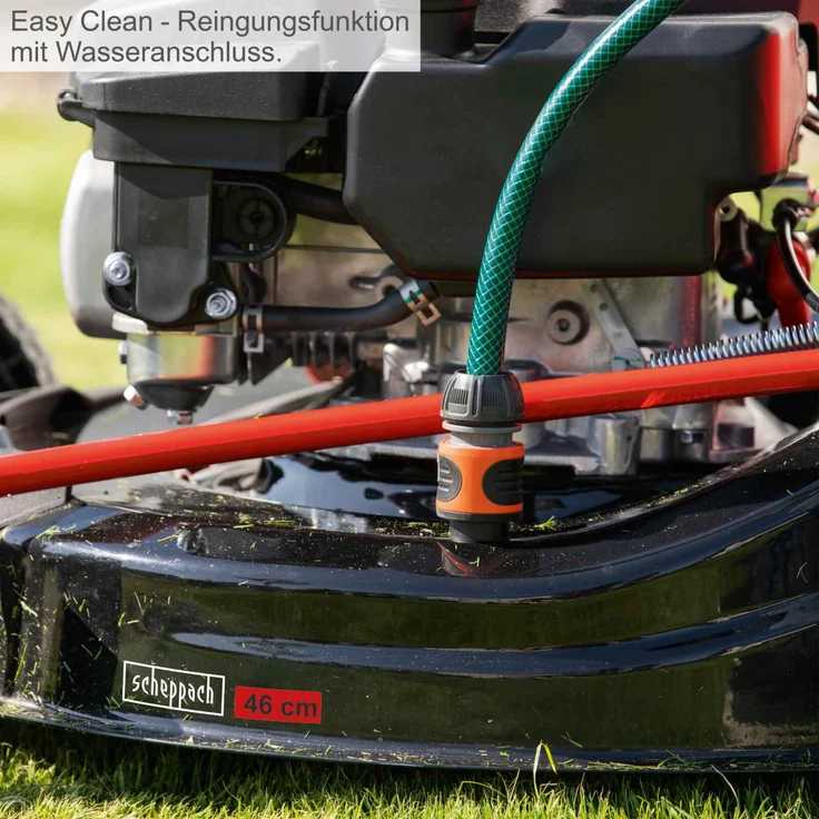Scheppach MS150-46E Benzin Rasenmäher mit E-Start | 46cm Schnittbreite | Reinigungsfunktion | 55 Liter Fangkorb | Stahlgehäuse | 7-stufige Höhenverstellung | Mulchfunktion | Radantrieb | Seitenauswurf – Bild 5